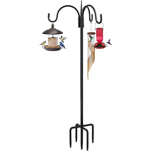 FEED GARDEN Heavy Duty Shepherds Hook 92" Triple Hooks - Metal 5-Prong Base, Adjustable (44/60/76/92") - 15lb Capacity Bird Feeder Pole for Hanging Plants, Solar Lanterns, Wind Chimes, 1 Pack
