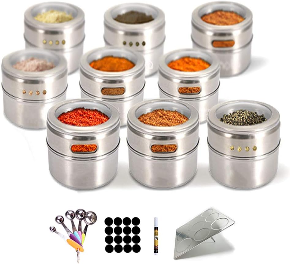 Kuty 9 Spice Jars with Measuring Spoon, Magnetic Spice Racks Made of Stainless Steel, Suitable for Salt, Black Pepper and Spice Organize, Come with Lable, Marker and Magnetic Rack
