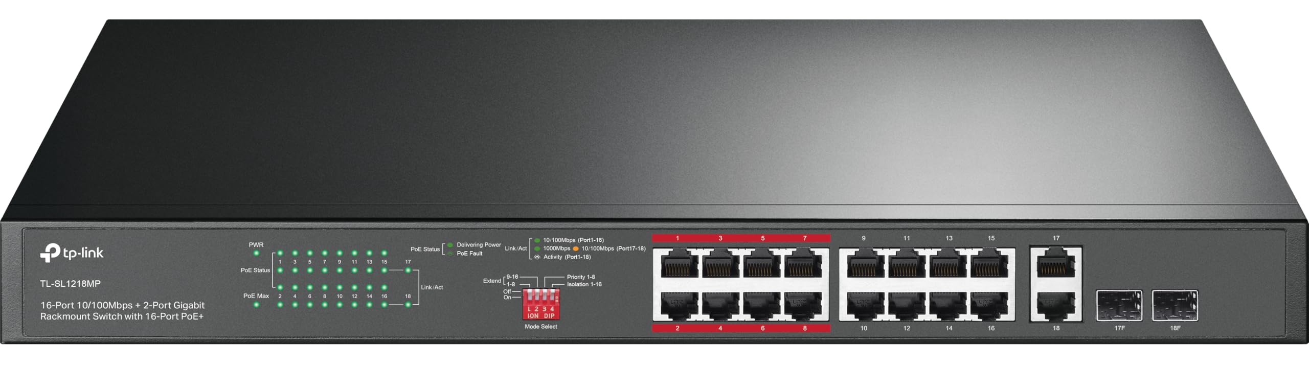 TP-Link Switch PoE TL-SL1218MP de 16 Puertos 10/100Mbps y 2 Puertos Gigabit no gestionados