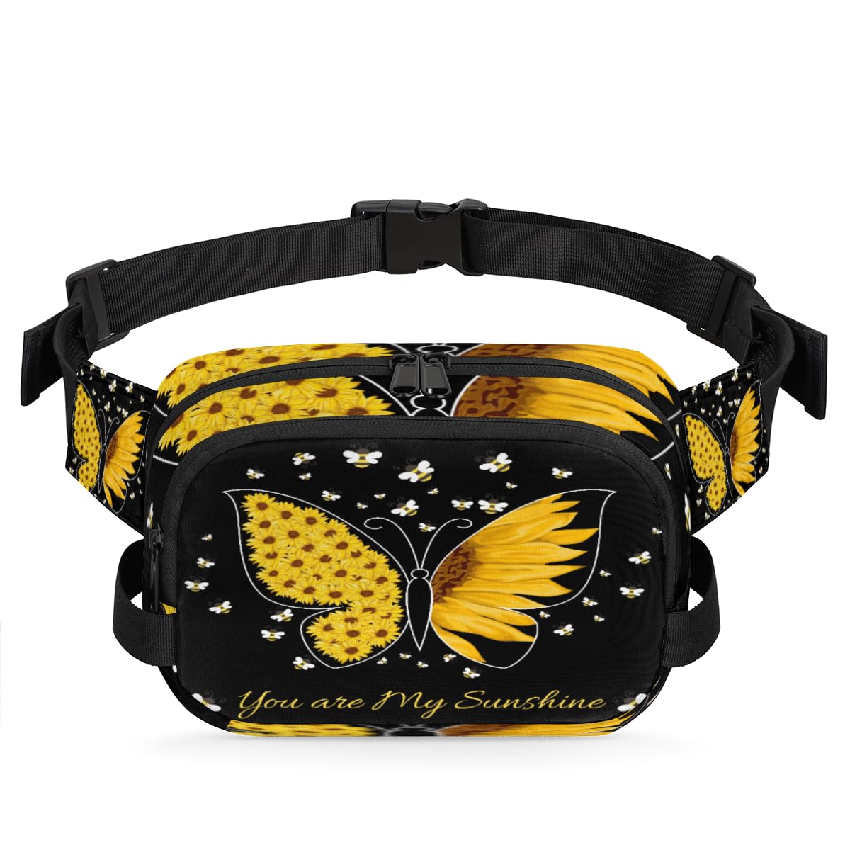 Sunflower Butterflies Bees Waterproof Fanny Pack for Women Men Adjustable Waist Bag with Double Zipper Pockets Lightweight Square Hip Pack for Running Travel Hiking Workout Cycling