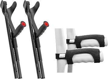 KMINA - عكازات ألياف الكربون القابلة للطي x2 وحدة، الكفة المفتوحة وسادات عكاز الساعد تغطي x2 وحدات، الكفة المفتوحة