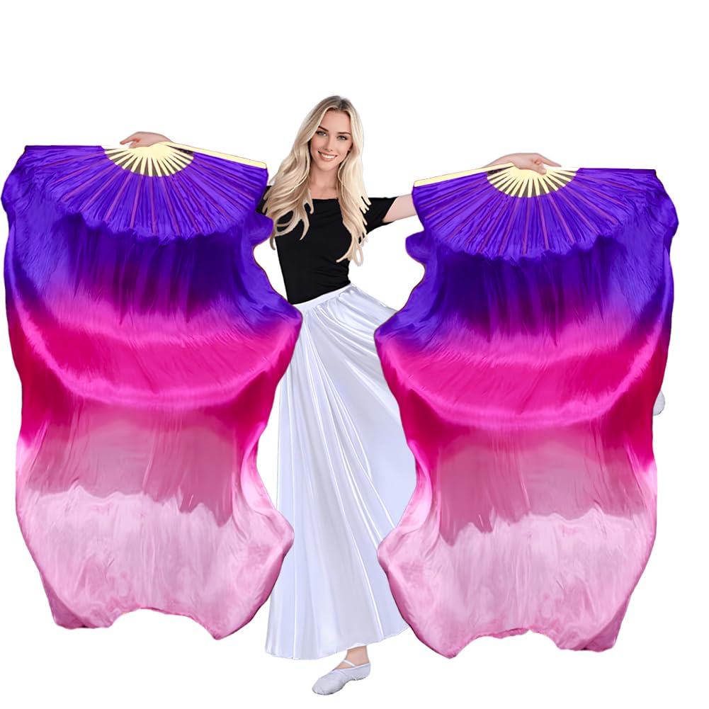 TRIMODI 1 Pair(Left+Right) Women Hand Made Real Silk Belly Dance Fan Veils, Giadient Color Length 180cm Width 90cm