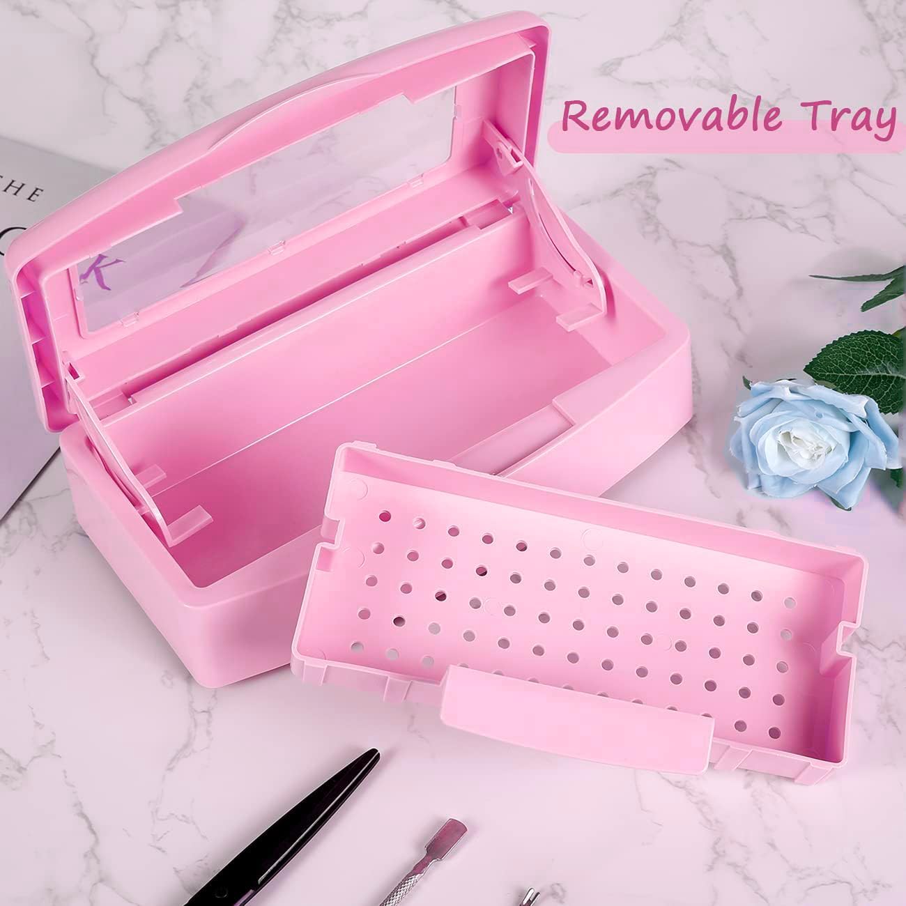 Sanitizing Tray - Disinfectant Container Nail Tool Sterilizer Box Plastic Sanitizing Box for Nail Tools, Hair Salon,Spa (Clear Lid, Pink)