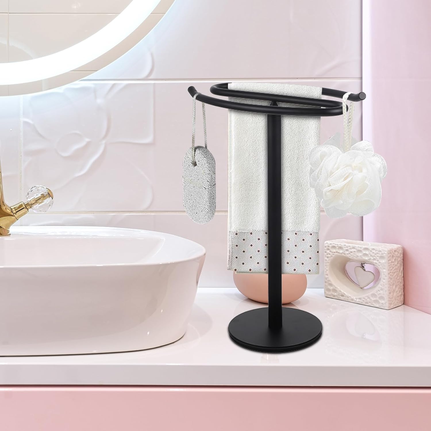 OSALADI Matte Black Bathroom Towel Stand Organizer with Jewelry and Watch Storage for Home Stainless Metal Hand Towel Holder Rack