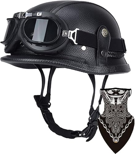 Miniatura 10 de Casco de media cara de cuero alemán para motocicleta, 100% aprobado por DOT ECE, casco de media carcasa + gafas retro con hebilla ajustable de