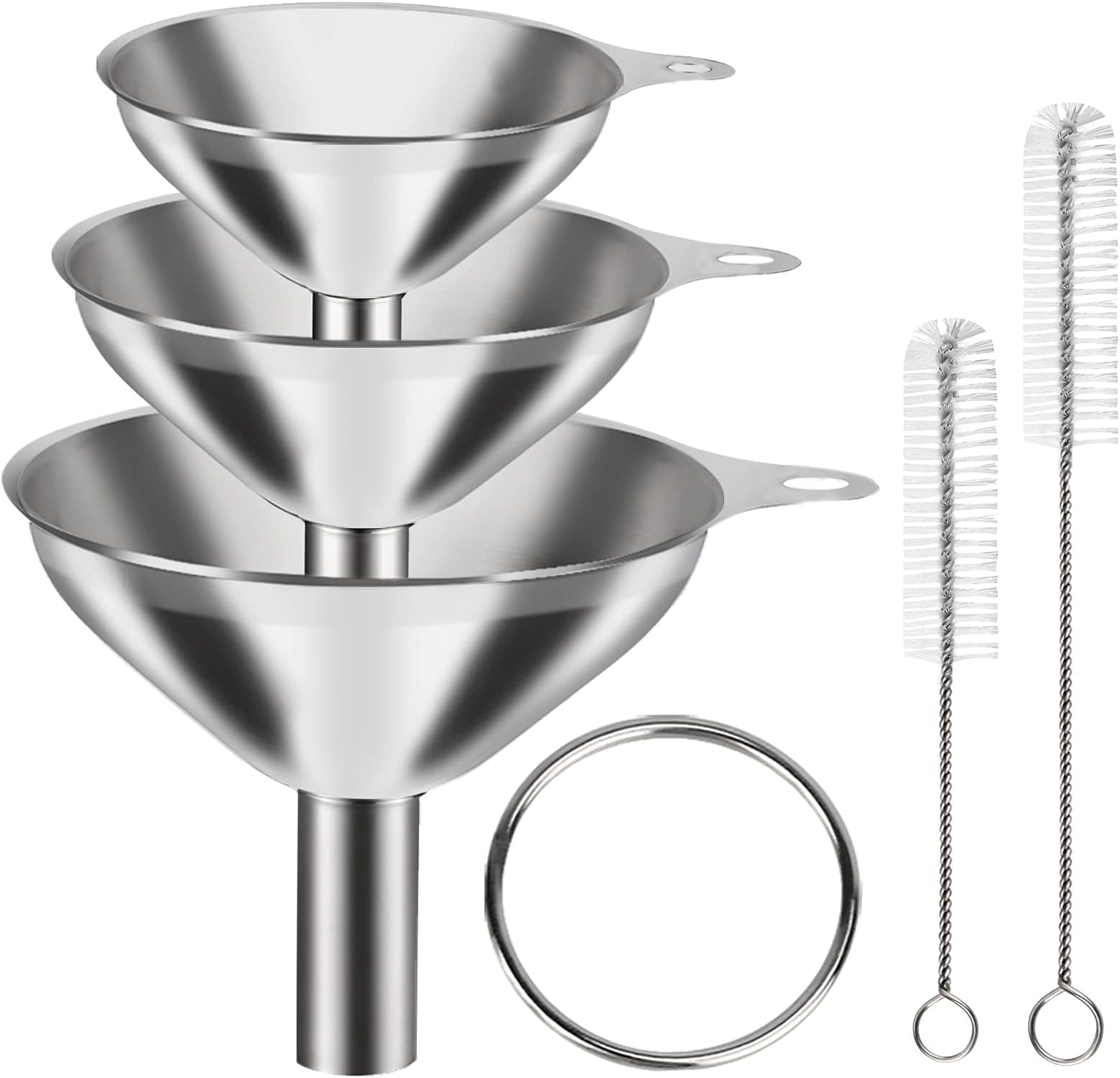 6 Pcs Stainless Steel Mini Funnels for Kitchen use. Large Tiny Small Funnel Set of 3, Metal Cooking Powder Food Grade Flask Funnels for Filling Bottles Liquor Water Spice, 2Pcs Cleaning Brushes VOPTON