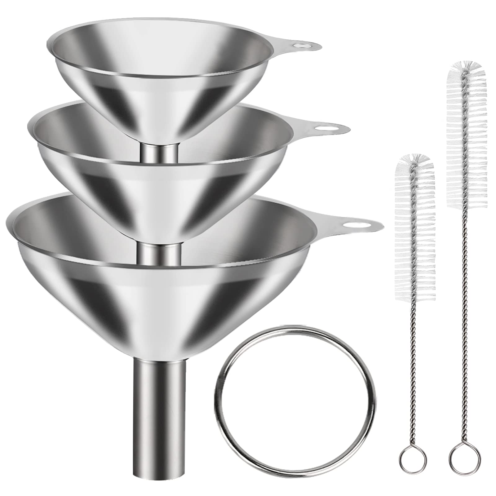 6 Pcs Stainless Steel Mini Funnels for Kitchen use. Large Tiny Small Funnel Set of 3, Metal Cooking Powder Food Grade Flask Funnels for Filling Bottles Liquor Water Spice, 2Pcs Cleaning Brushes VOPTON