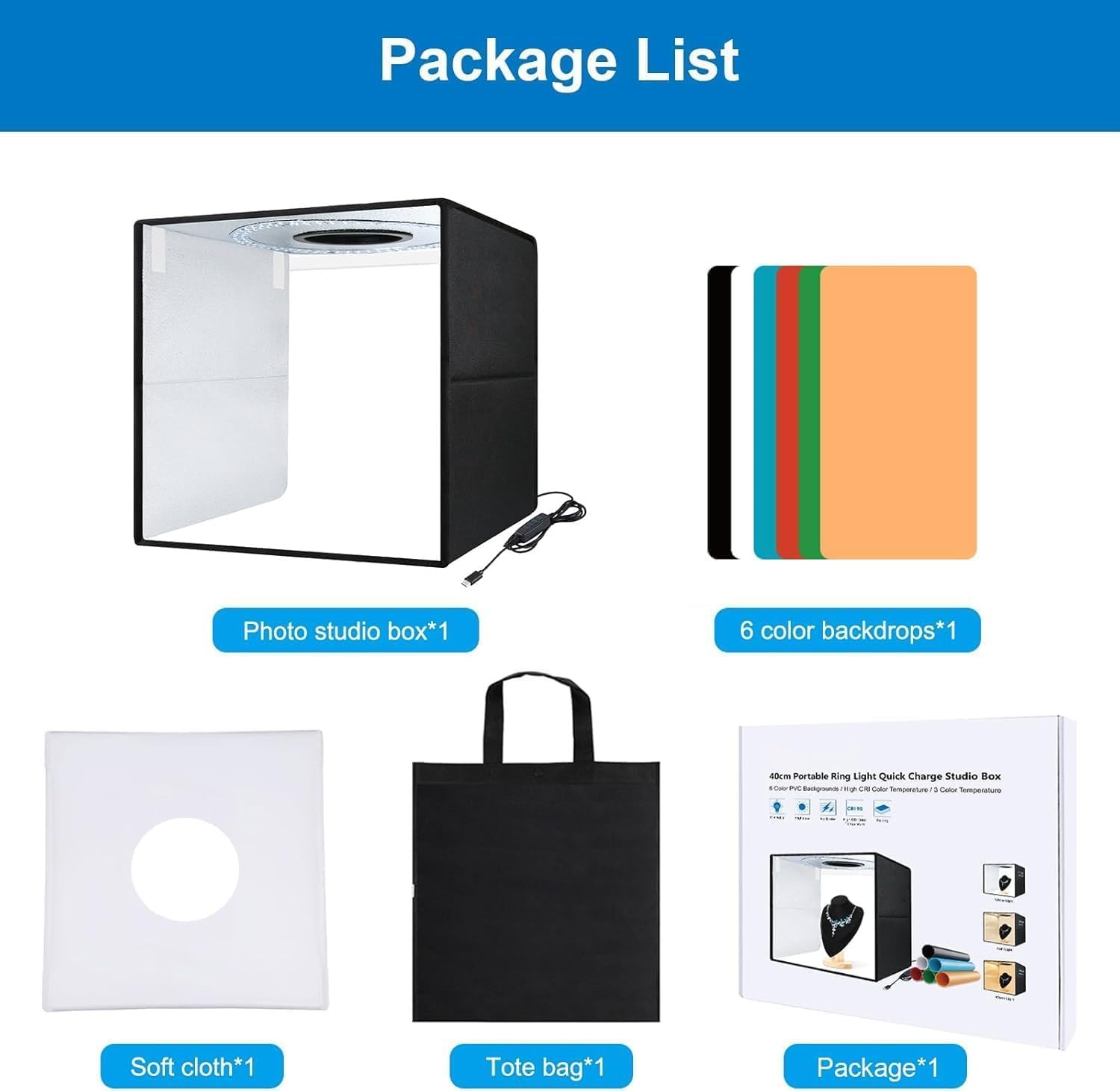 OBEST 16"x16"/40cm Light Box Photography, Portable Photo Studio Box for Small Product Photography, High CRI?95 6500K 20W with 6PVC Backdrops & Diffuse Cloth & 112 LED Lights Dimmable (White,Soft,Warm…