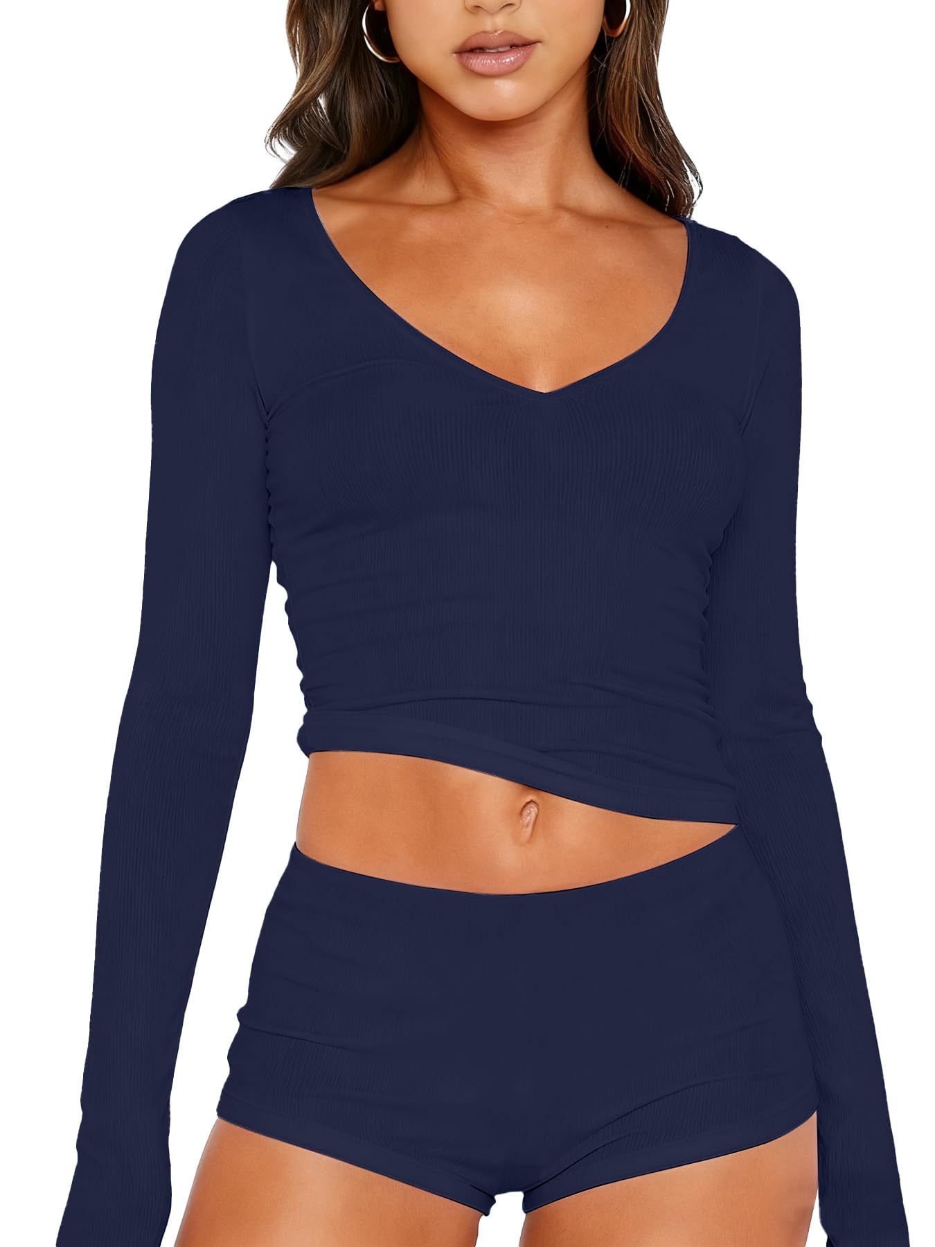 Dressmine Sexy Pajamas Set for Women Spring Pj Lounge Sets 2 Piece Cute Sleepwear Long Sleeve V Neck