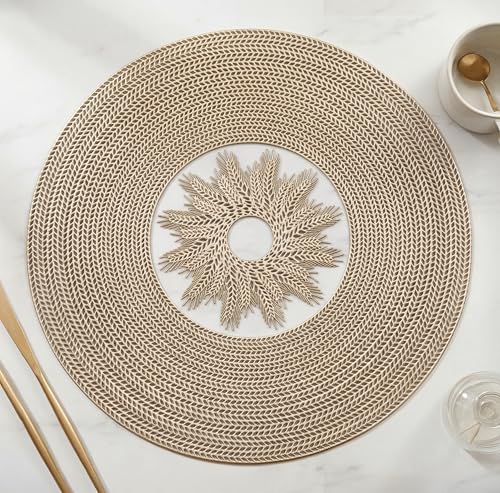 Image of Yellow Weaves 2 Pcs PVC Hollow Woven Design Table Placemat, Dining Table Mat, Anti-Skid, Washable, Dining, Kitchen, Restaurant Table Set Easy to Clean, Durable (Hollow Golden)