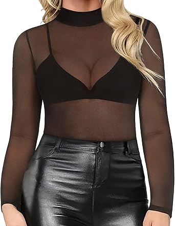 RITERA Plus Size Sheer Mesh Tops for Women Long Sleeve Sexy Glitter Shirts See Though Mock Neck Party Club XL-5XL
