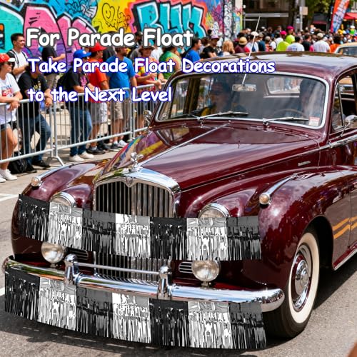 Image of 4 Packs Total 39 Ft Parade Floats for Trailer Car, Black Gold Silver Foil Fringe Garland Tinsel Streamers Banner Table Skirts for Graduation Homecoming New Year's Eve Birthday Party Decor