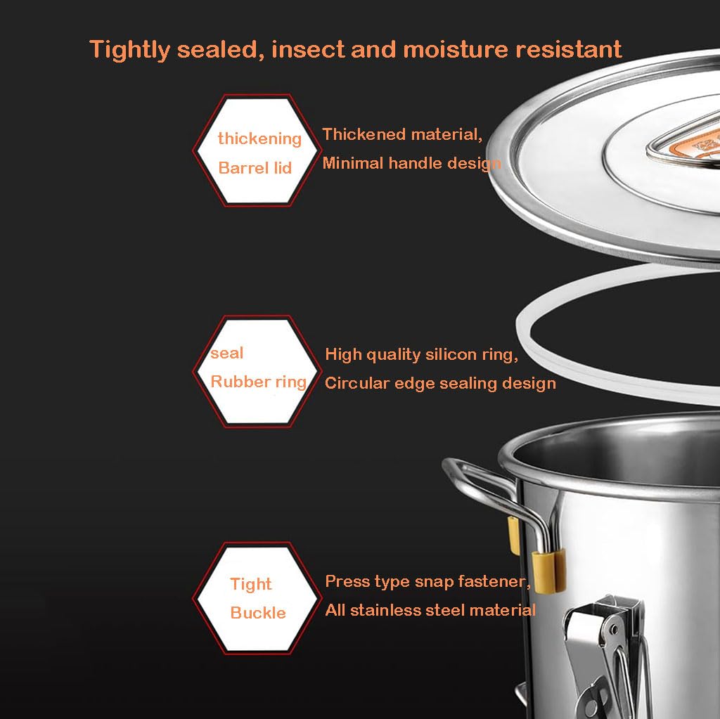 Barattolo per Alimenti 304 Contenitori per Alimenti in Acciaio Inossidabile Ermetico con Manico Portatile,Grandi Contenitori per Riso da Cucina Secchio con Coperchi E Morsetto(Size:20L)