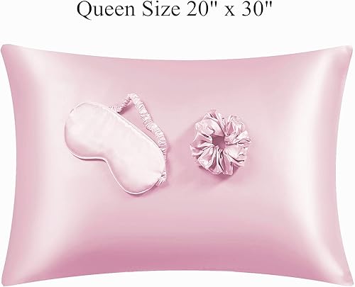 Miniatura 2 de Funda de almohada de satén para cabello y piel, juego de funda de almohada de seda vegana, 2 fundas de almohada de satén rosa, 1 máscara de ojos, 1