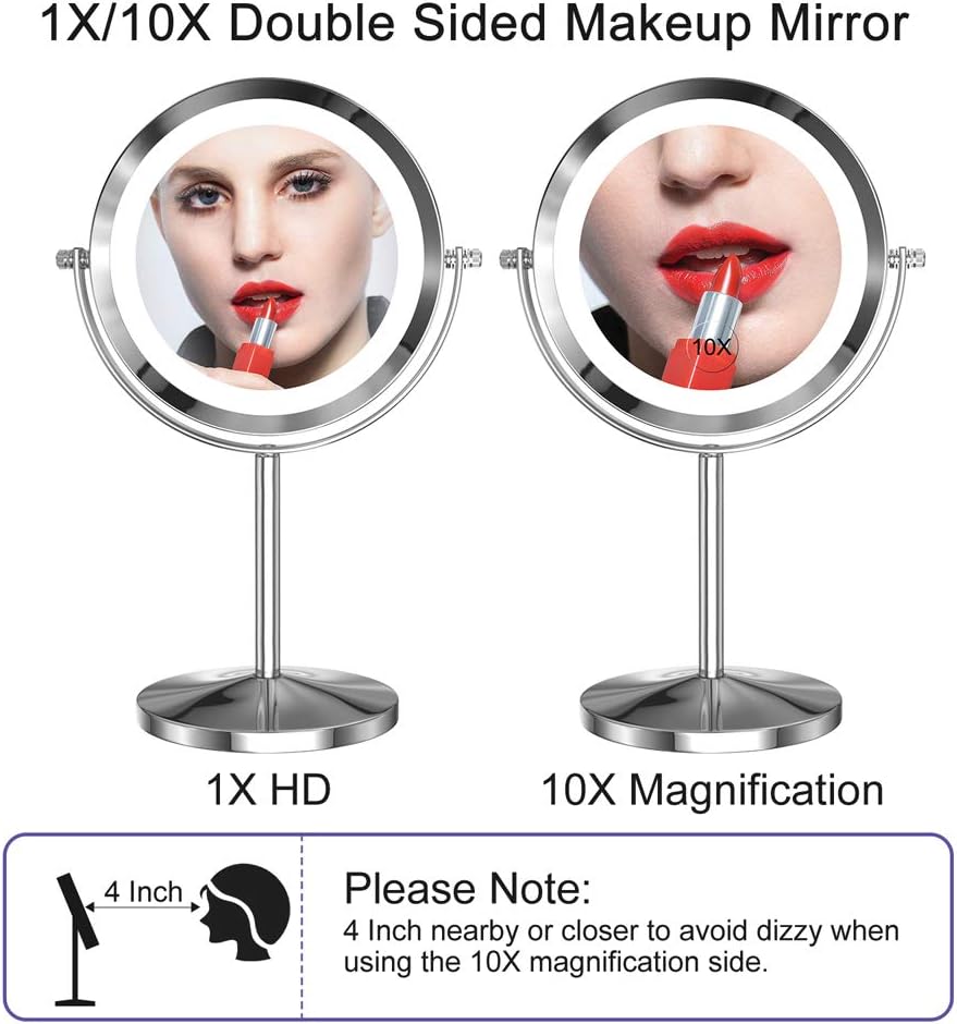Gospire LED Makeup Mirror 1x/10x Magnifying with Touch Screen Adjustable LED Light, 7" Lighted Vanity Swivel Mirror Double Sided Cosmetic Mirror (Silver-Dimmable Switch) -