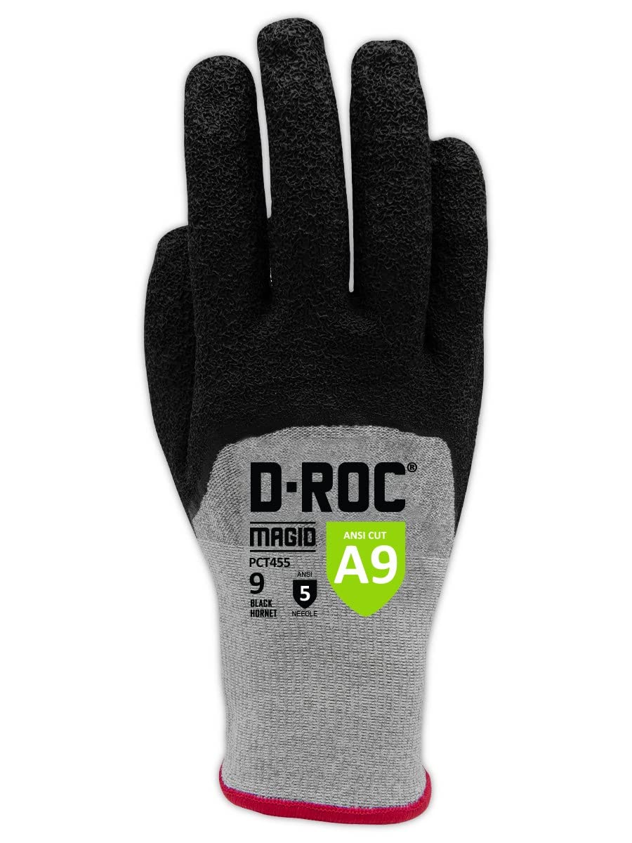 MAGID D-ROC Black Hornet PCT455 18-Gauge 3-Layer Hyperon Crinkle Latex Coated Work Glove – Cut Level A9