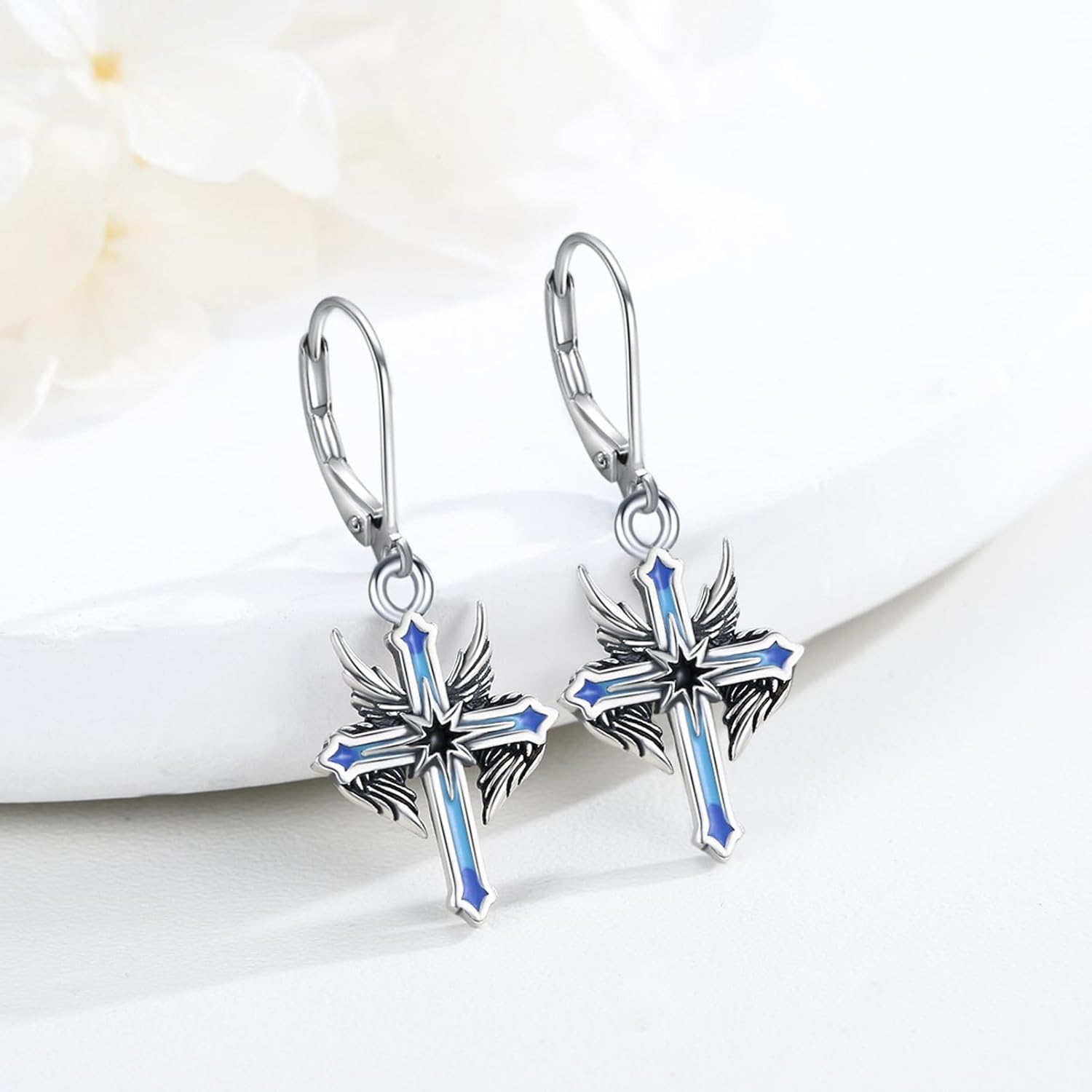 Cross Dangle Earrings for Women 925 Sterling Silver Angel Wings Earrings Abalone Shell Cross Earrings Religious Jewelry Gifts for Birthday
