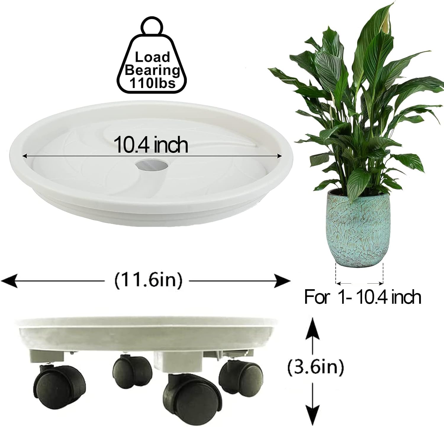10 Inch Plant Caddy with Wheels & Water Container, 10.4" Round Plant Tray with Water Drawer, Rolling Planter Stand, for Indoor Outdoor, Bearing 110 Lbs, 2 Pack