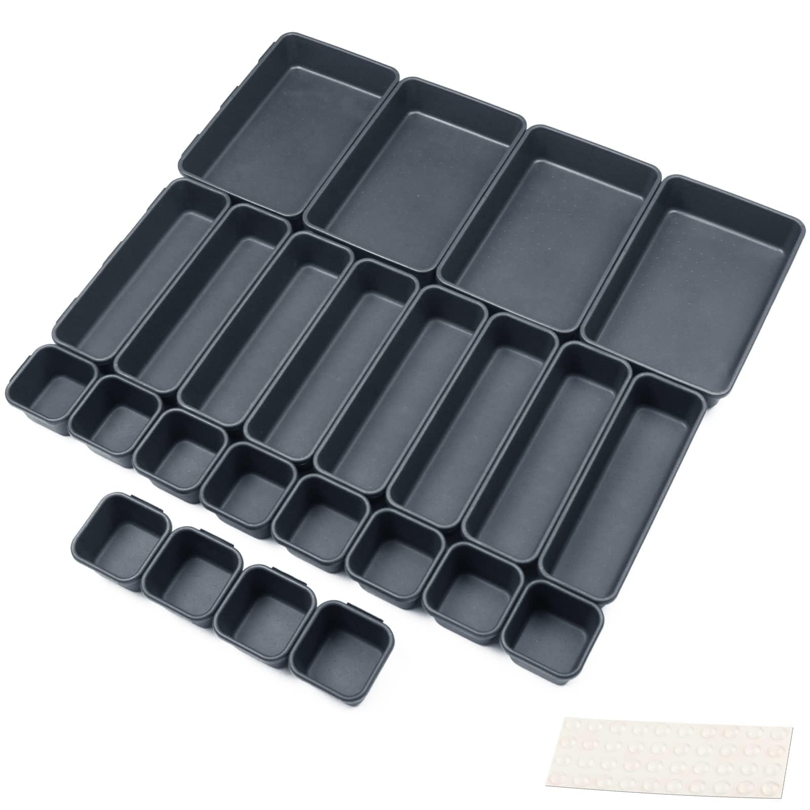 Organizer per Cassetti Cucina Bagno Divisori Cassetti 24 Pcs Organizzatore per Organizzazione Scrivania Contenitori per Trucchi in Plastica con 40 Cuscinetti in Silicone Antiscivolo (Nero)
