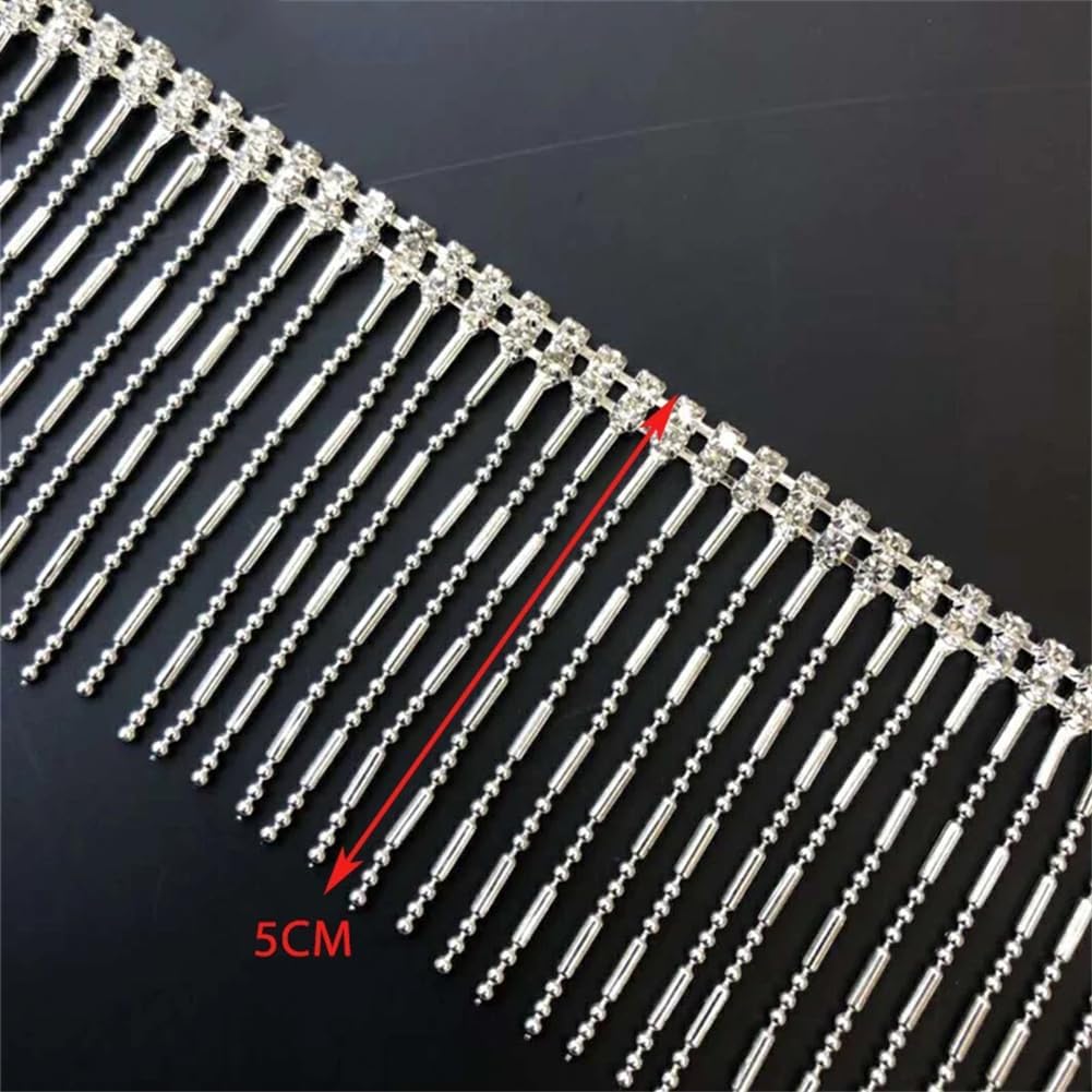 Generic 1/5Yards 5Cm Silver Metal Chain Tassel Crystal Rhinestone Trim for Clothing Shoes Decoration Silver 5 Yards