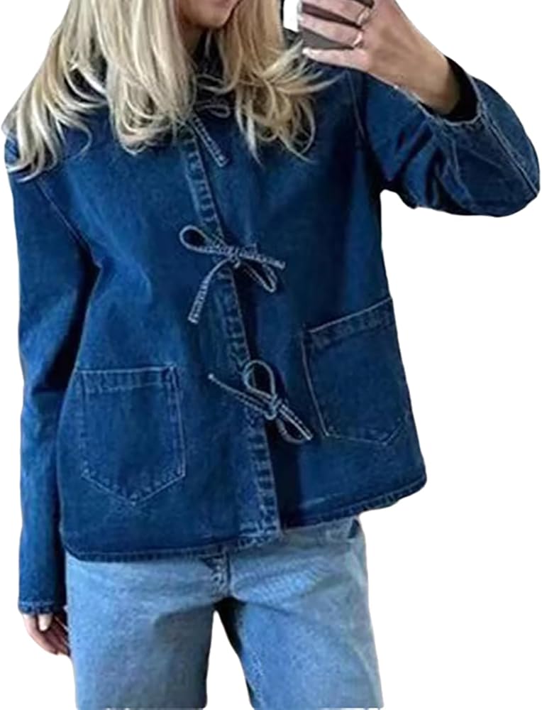 TACSTRUN Women's Tie Front Denim Jacket Casual Long Sleeve Loose