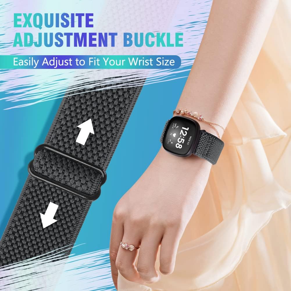 3 Pack Elastic Nylon Watch Bands Compatible with Fitbit Versa 4/Versa 3/Sense 2/Sense, Soft Adjustable Breathable Fabric Stretchy Replacement Wristbands for Women and Men
