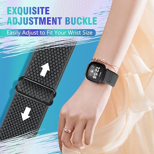 Miniatura 3 de Paquete de 3 correas elásticas de nailon compatibles con Fitbit Versa 4Versa 3Sense 2Sense, suave, ajustable, transpirable, correas de repuesto