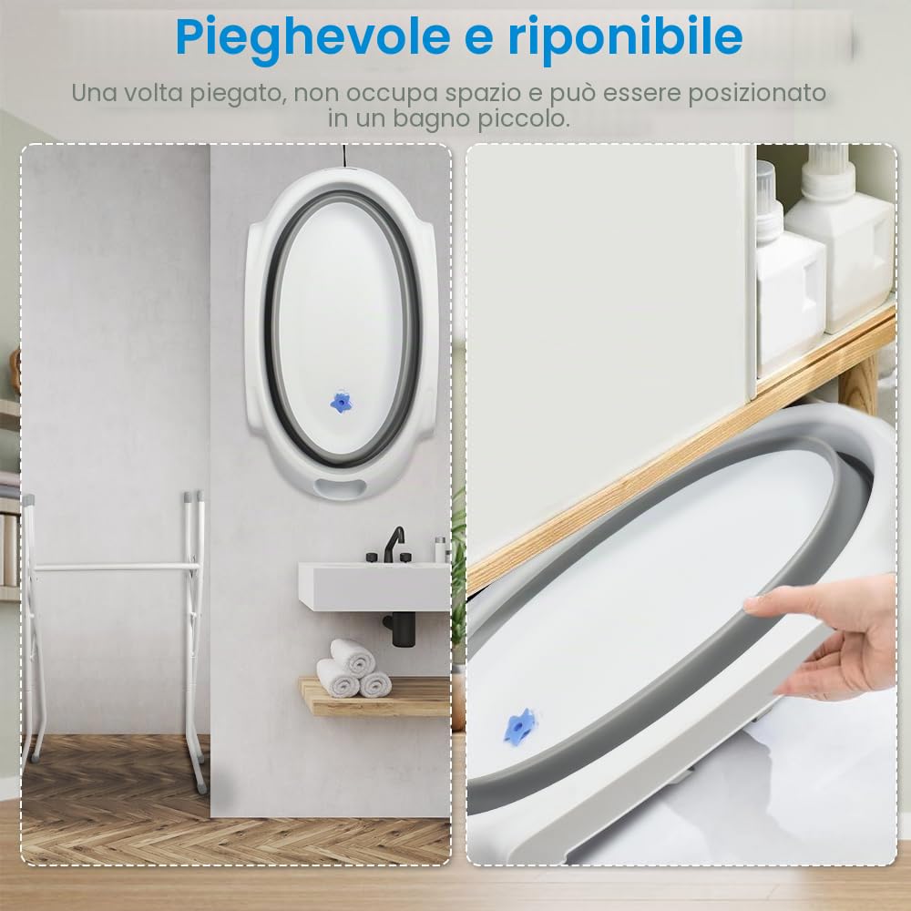 OHMG Vasca da bagno pieghevole per bebè, vasca da bagno sicura e confortevole per neonato a piedi con supporto antiscivolo