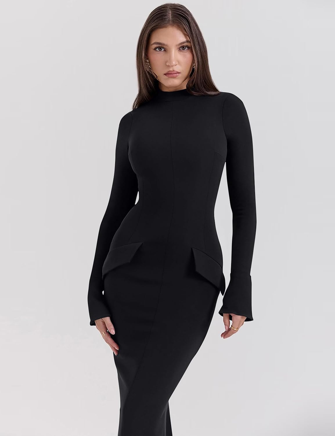 YMDUCH Women's Long Sleeve Mock Turtle Neck Bodycon Back Slit Club Party Long Pencil Dress - Image 8
