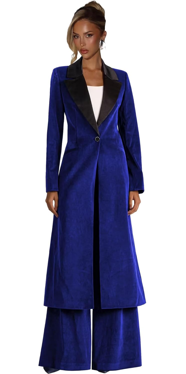 2 Piece Pant Suits for Women Winter Velvet Long Blazer Jackets and Wide Leg Pants Business Casual Womens