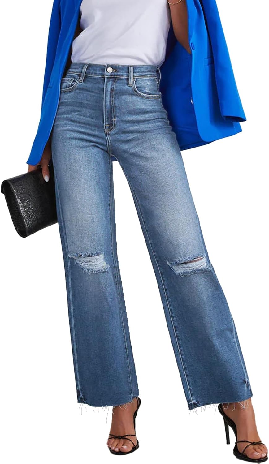 Allimy Women's High Waisted Straight Ankle Wide Leg Ripped Jeans Frayed Hem Stretchy Capri Denim Pants - Image 2