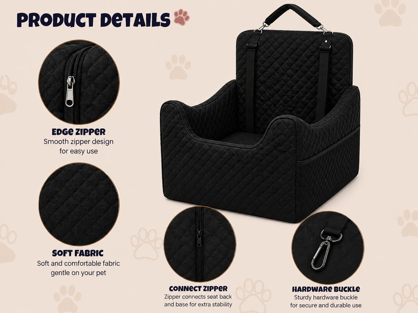 ALL GOOD PET SUPPLIES Dog Car Seat for Small/Medium Dogs Under 35lbs, Soft Booster Car Seat with Detachable Washable Cover and Cushion, Puppy Dog Car Bed, Black