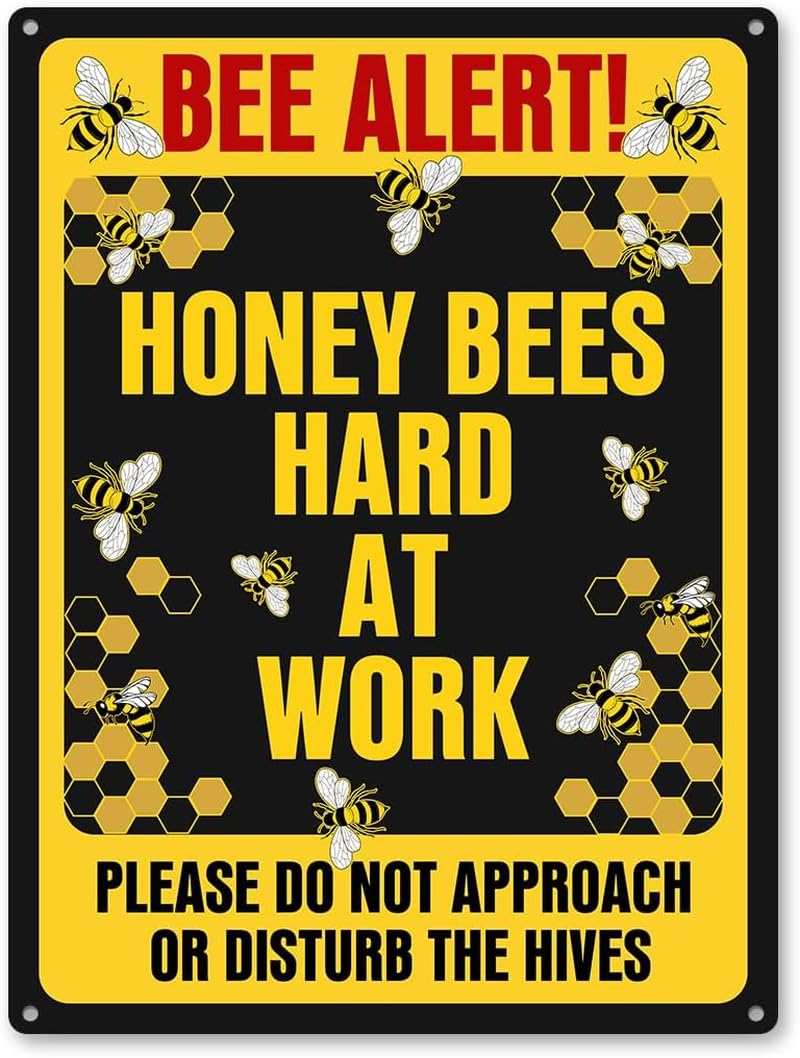 Bee Warning Sign, Honey Bees Hard At Work, Funny Bee Wall Decor For Home Garden Metal Sign Plaque Poster 8X12 Inches