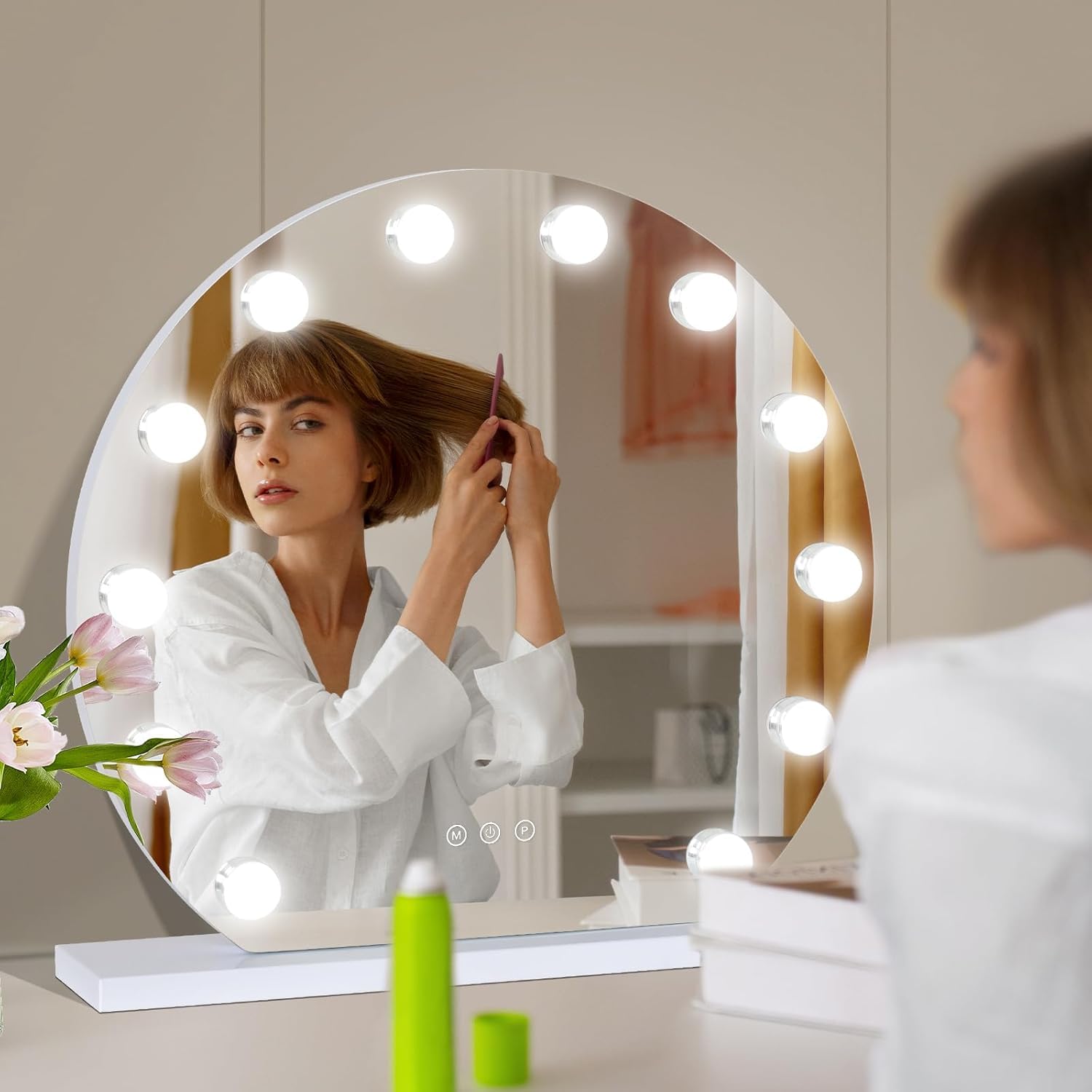 YOURLITE Miroir Maquillage Hollywood Rond 50CM, 12 Ampoules LED,3 températures de lumière réglables et dimmables,Loupe grossissante 10x, Port de Chargement USB, Installation sur Table ou Murale