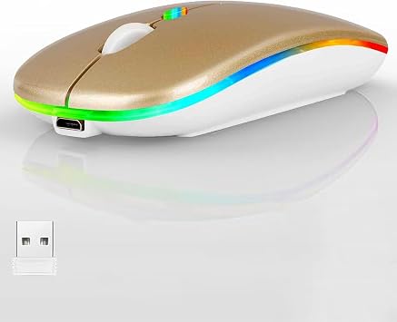 LED Wireless Mouse, Slim Silent Dual-Mode 2.4G+BT Rechargable 7-Color Portable Mobile Optical Office Mouse with USB Receiver, 3 Adjustable DPI Levels for Notebook, PC, Computer, MacBook GOLD