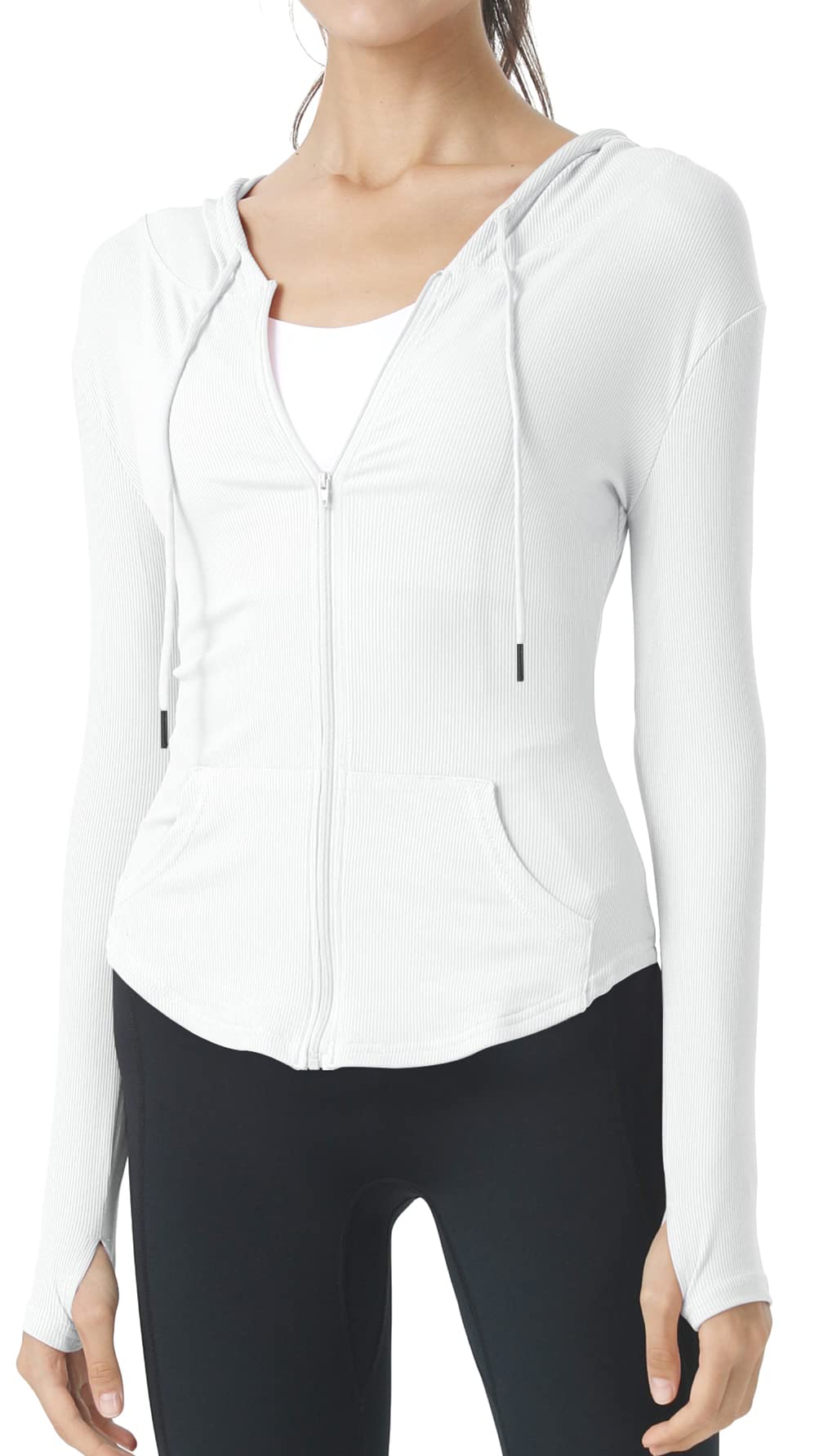 Veste de Yoga à Capuche Femme Veste de Sport Mince à Manches Longues Veste avec Poches de Course Fitness Veste de Alpinisme Vert Noir Blanc Rose