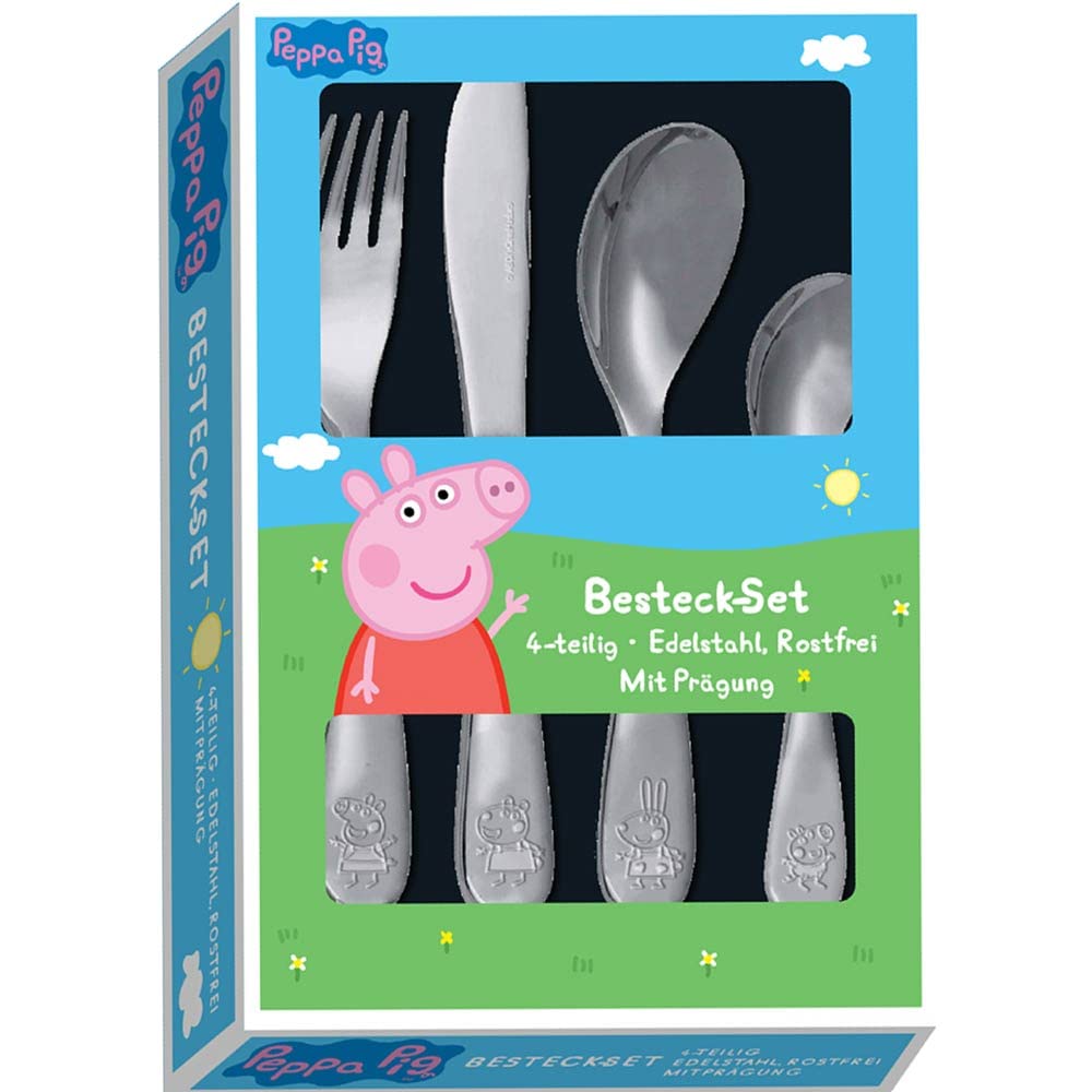 Peppa Pig mit Namensgravur | Emojis Gravur | 4-telig | Rostfrei | Mit Prägung | Spülmaschinenfest | Edelstahl CU6