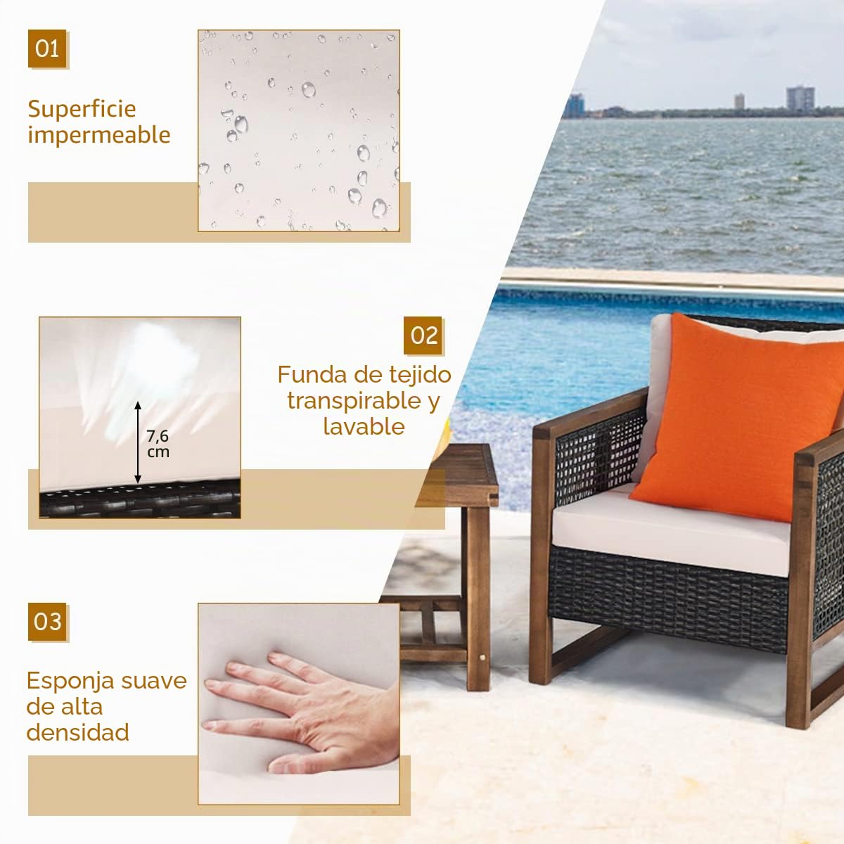 GIANTEX Juego de Muebles de Jardín 3 Piezas, 2 Sillones de Ratán con Marco de Madera de Acacia, con Mesita de Café, Asiento con Cojines, 115 x 64 x 80 cm, para Jardín, Terraza, Patio