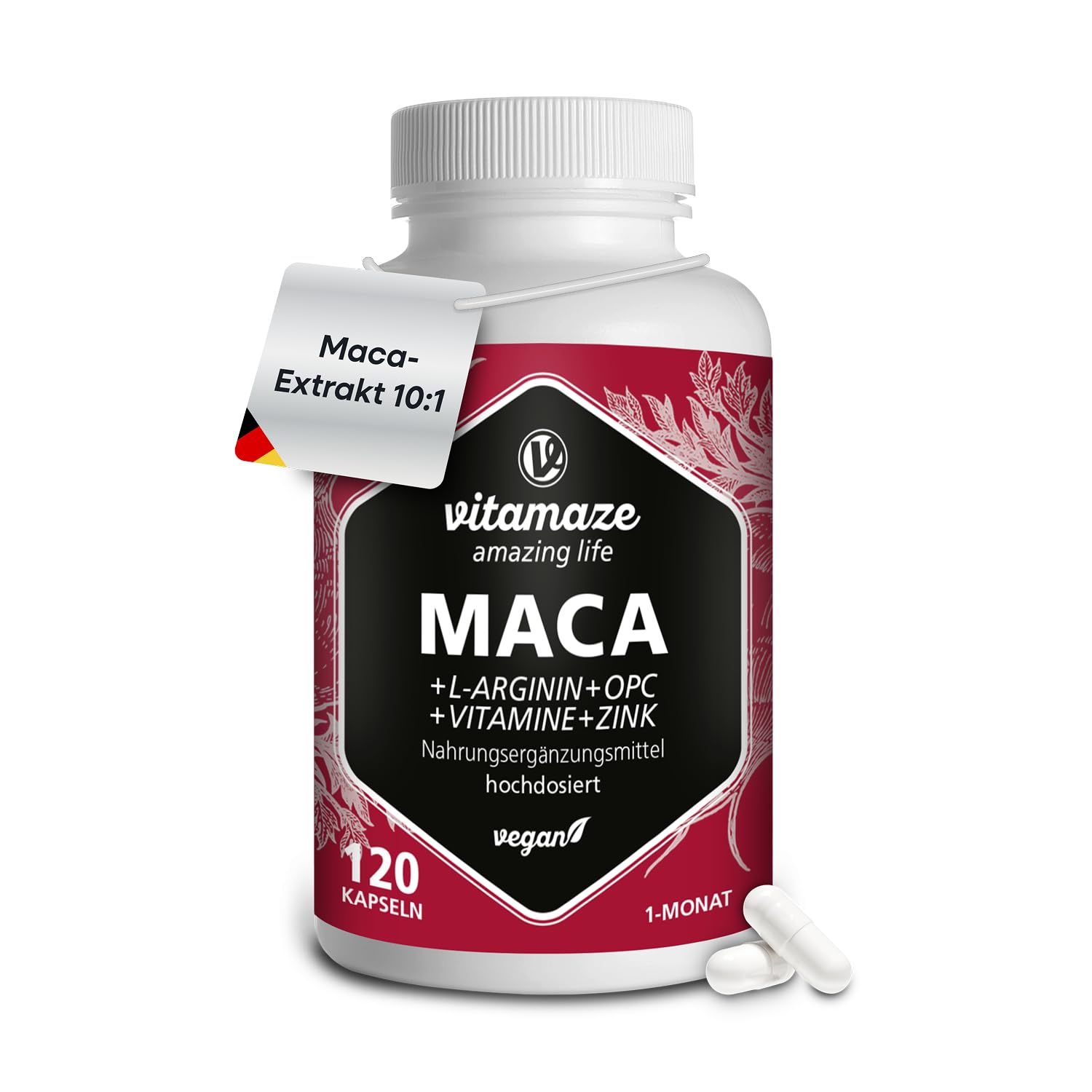 Maca Kapseln hochdosiert + L-Arginin + VITAL Formel B6, B12, OPC, Zink, 120 vegane Kapseln für je 1 Monat, deutsche Premium-Qualität