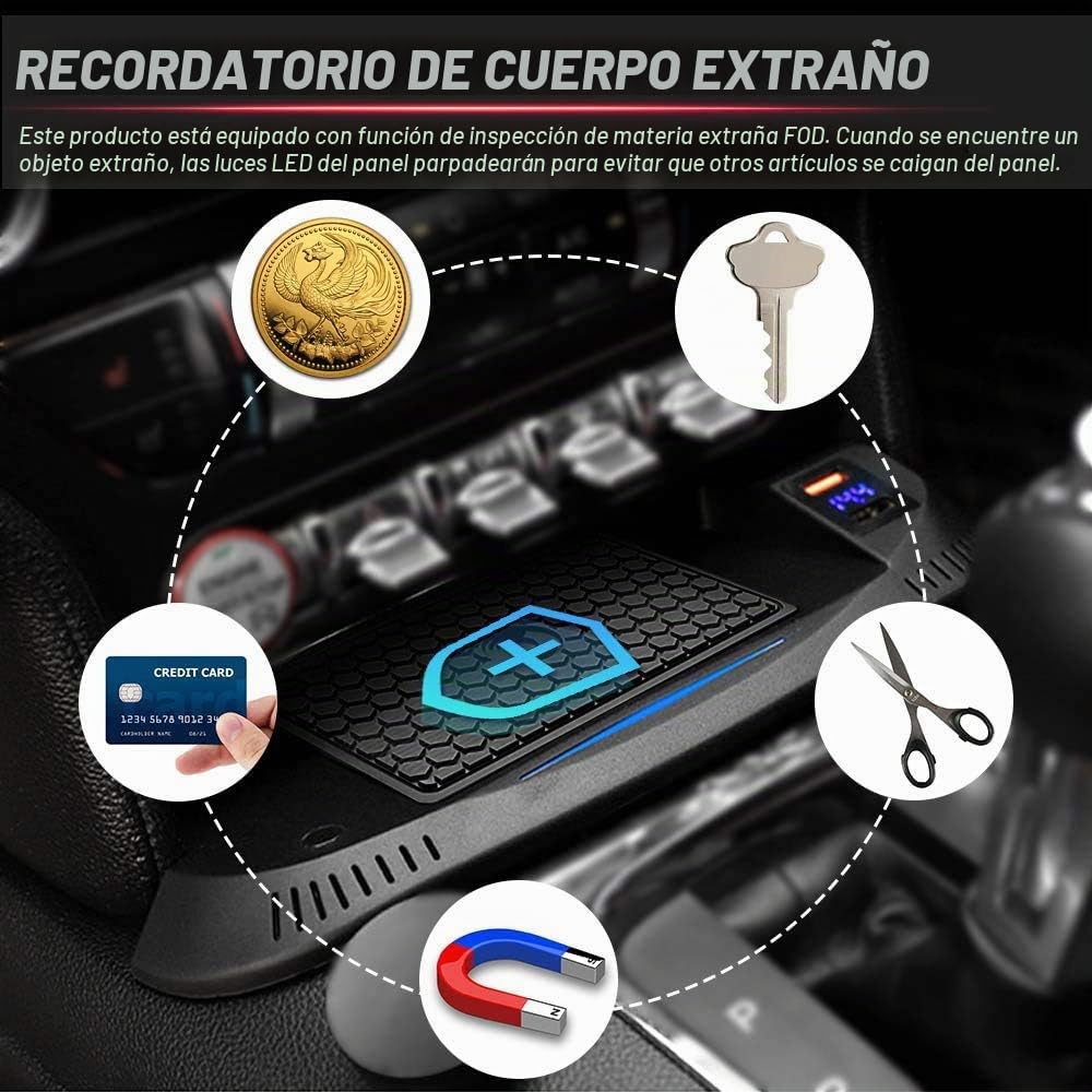 Cargador Inalámbrico Coche para Ford Mustang 2015 2016 2017 2018 2019 2020 Consola Central Accesorios Panel 15W Carga Rápida Auto Teléfono Cargador con QC3.0 USB Puerto para iPhone Samsung