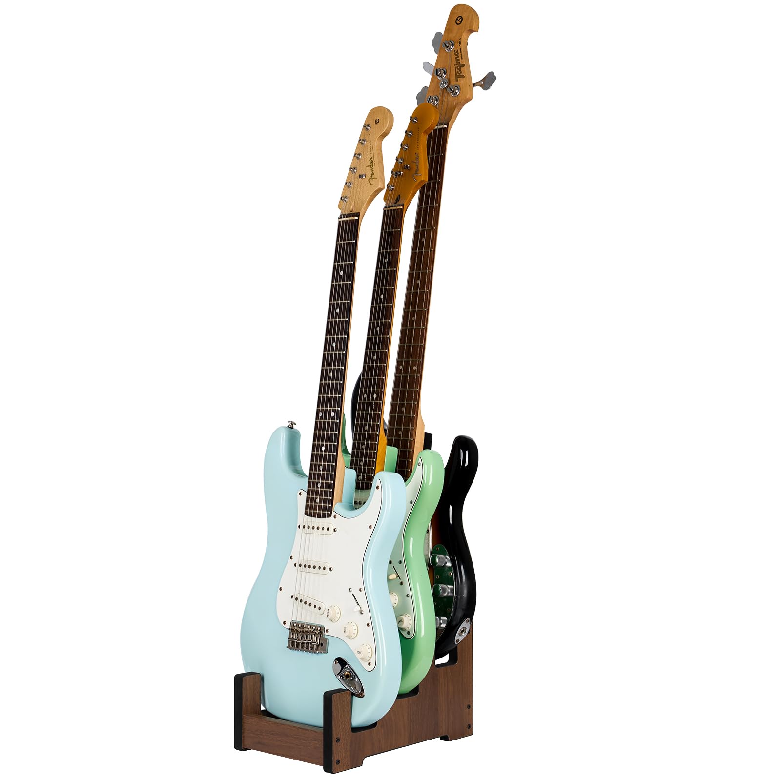 Gitarrenständer aus Holz, 3 Halterungen, platzsparender Gitarrenbodenständer für Zuhause, Musikstudio, Bühne, Walnussholzfarben