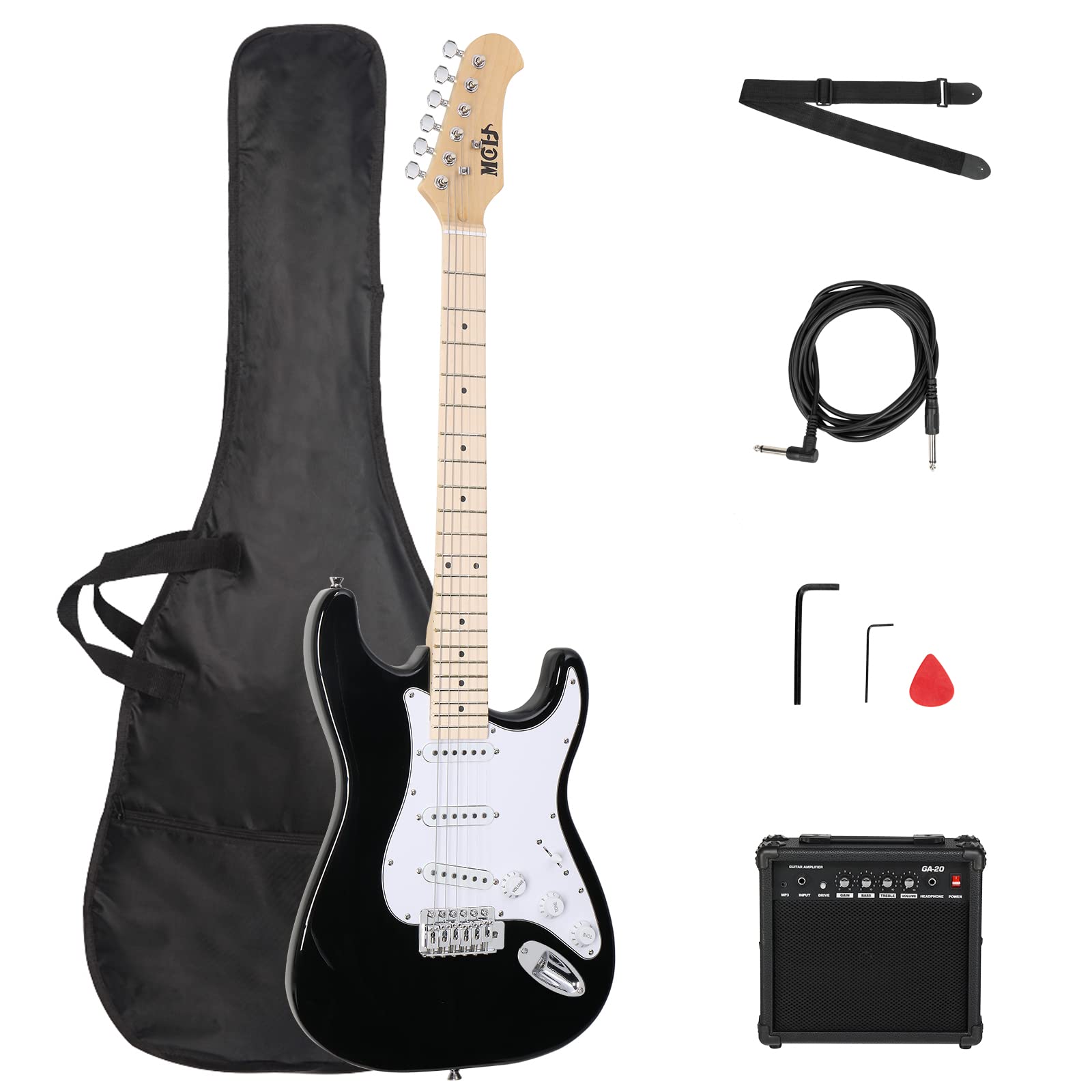 Guitare électrique ST guitare électrique avec ensemble de haut-parleurs 20W, sac de guitare, bandoulière, médiator (le noir)