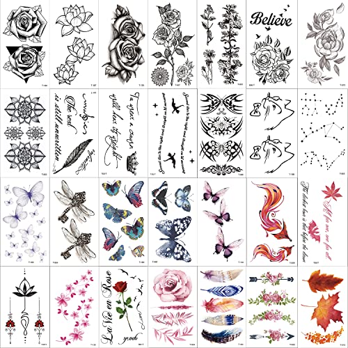 Temporary Tattoos For Women - Rose Feather Animals Written Words Flowers And Butterfly Stickers Waterproofing 30 Sheets (Style 1) #TOP23
