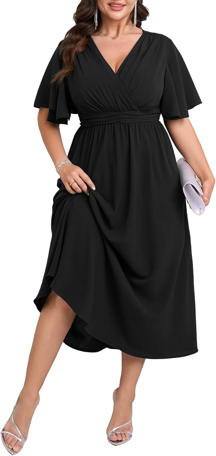 Womens Plus Size Wrap V Neck Dress Short Flutter Sleeve Pleated Empire Waist Ruffle A Line Maxi Long Dresses