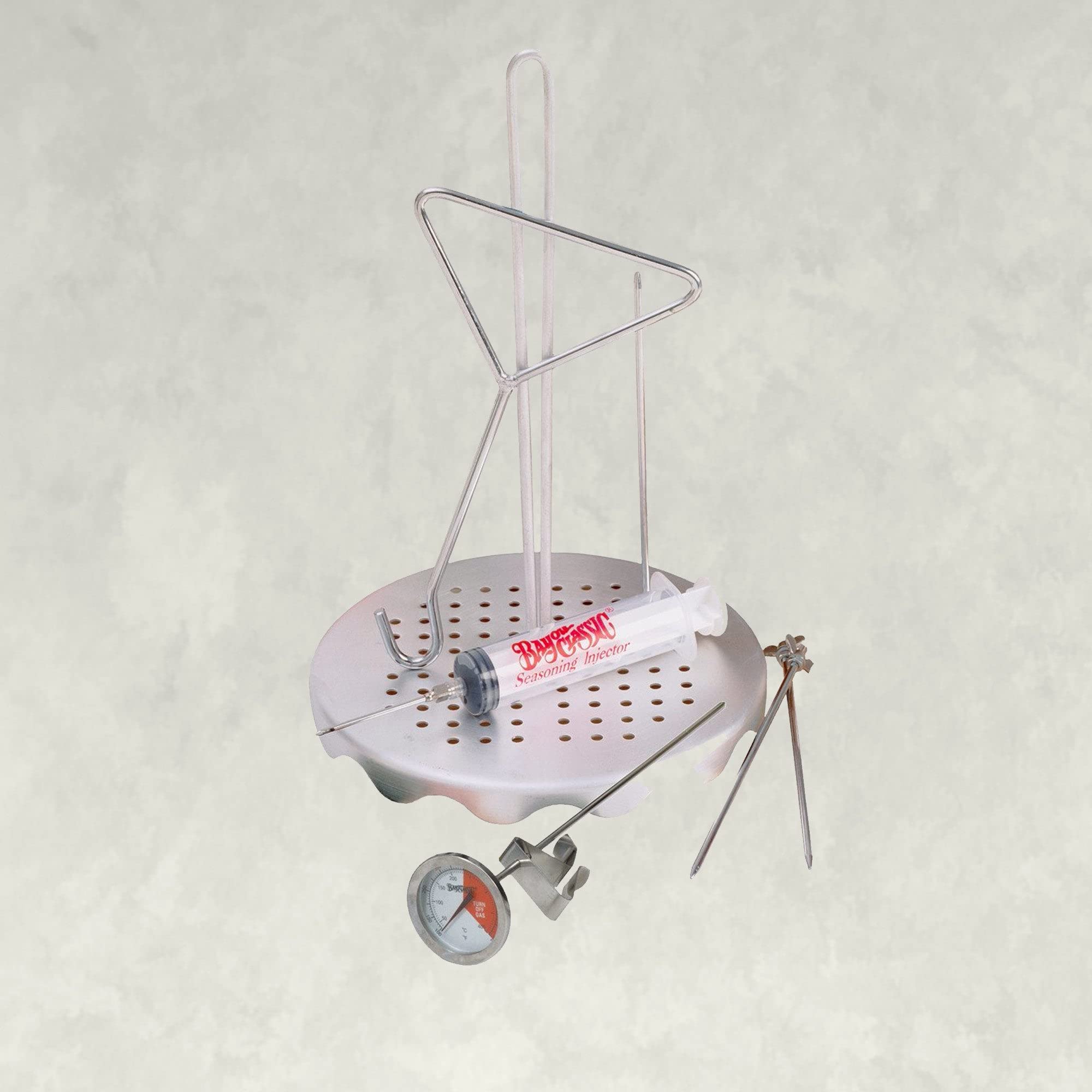Photo 1 of Bayou Classic 0835 Complete Poultry Rack Set Includes Perforated Aluminum Rack Lift Hook 2-oz Seasoning Injector 12-in Fry Thermometer and 3 Detachable Skewers