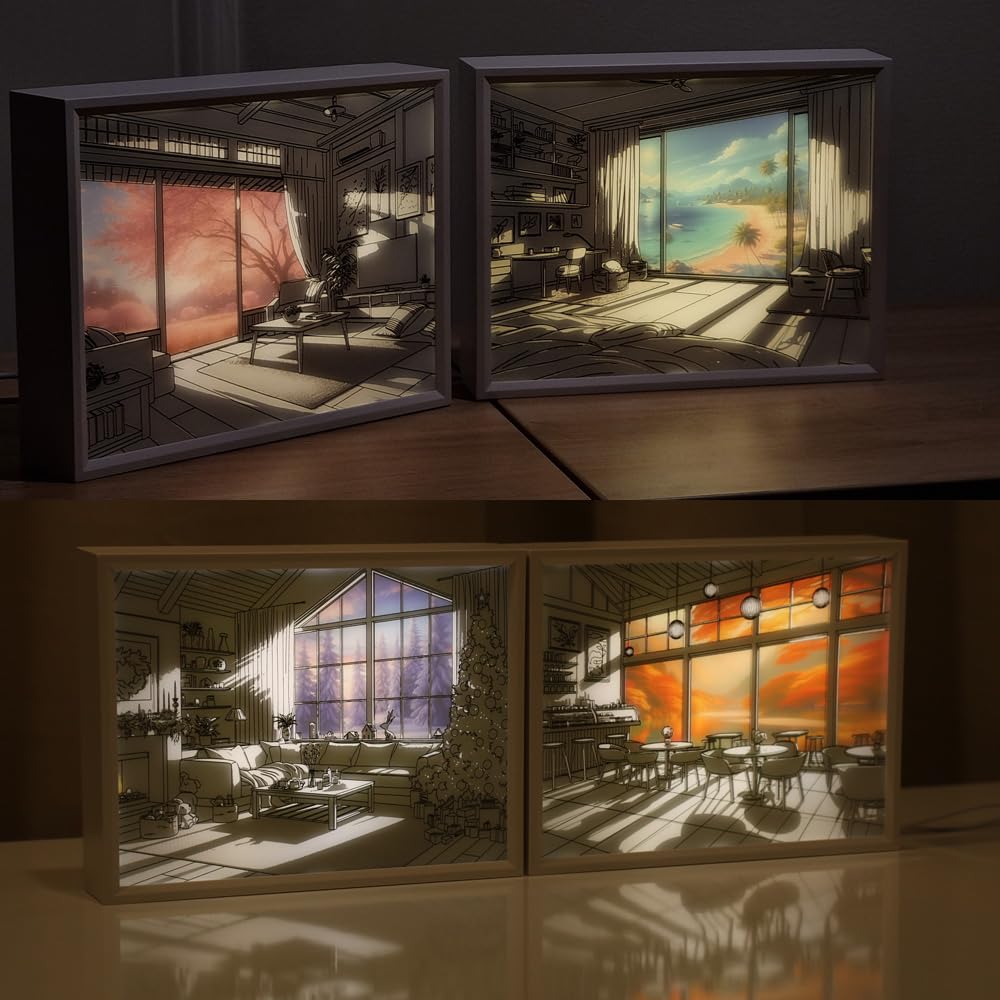 WOODMENT Liint - Marco de luz LED con ventana de temporada, arte acrílico, 3 modos de luz, alimentado por USB, decoración única del hogar para dormitorio, sala de estar, oficina, verano 7