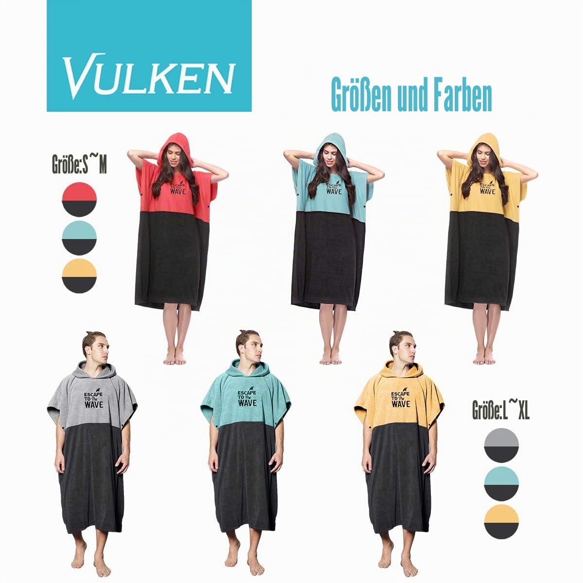 Vulken Strandtuch mit Kapuze, extra groß, Blaugrün, dick, Strandtuch, Wickelmantel, Surf-Poncho, Herren, für einfaches Umziehen in der Öffentlichkeit, schnelltrocknend, Wasserpark, L/XL