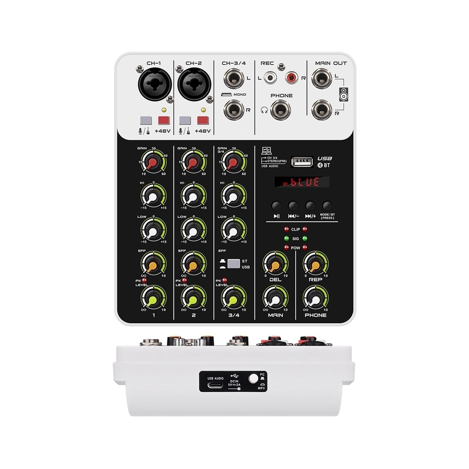 Mezclador de audio, Consola de mezcla sonido V4, computadora grabación USB, alimentación fantasma 48 V, efecto retardo, mezclador 4 canales