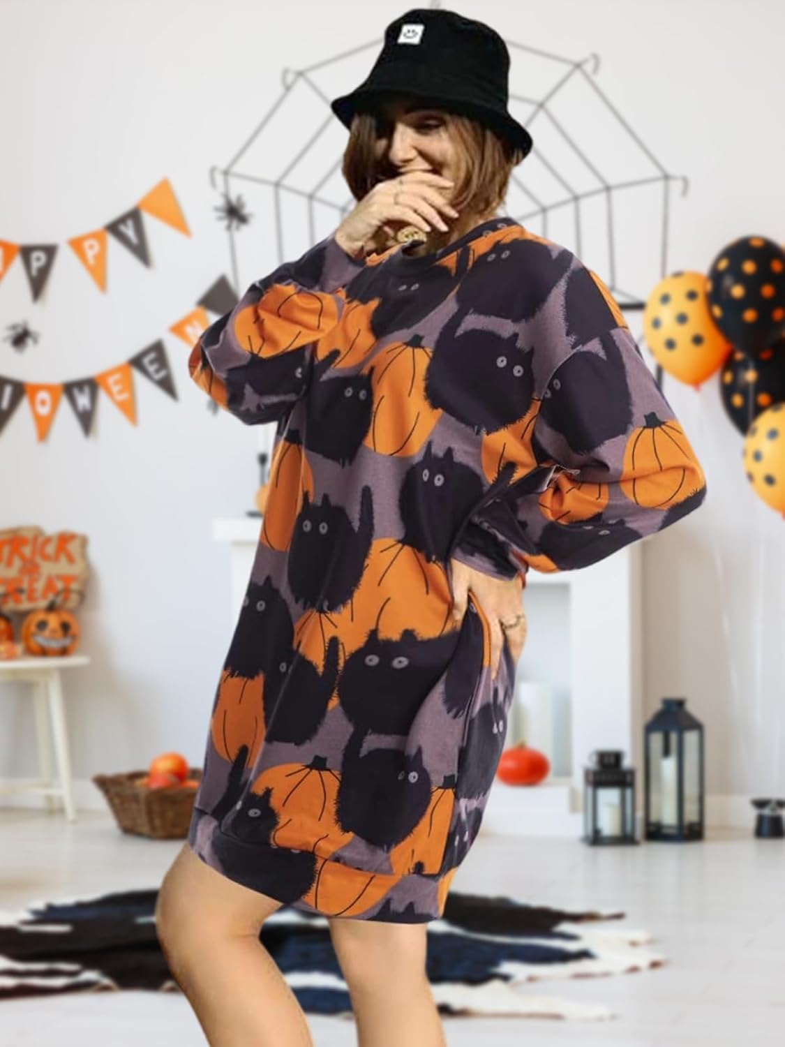JINTING Women Halloween Sweatshirt Pumpkin Cat Long Sleeve Funny Doddle Graphic Printed Pullover Dress Fall Shirt Tops
