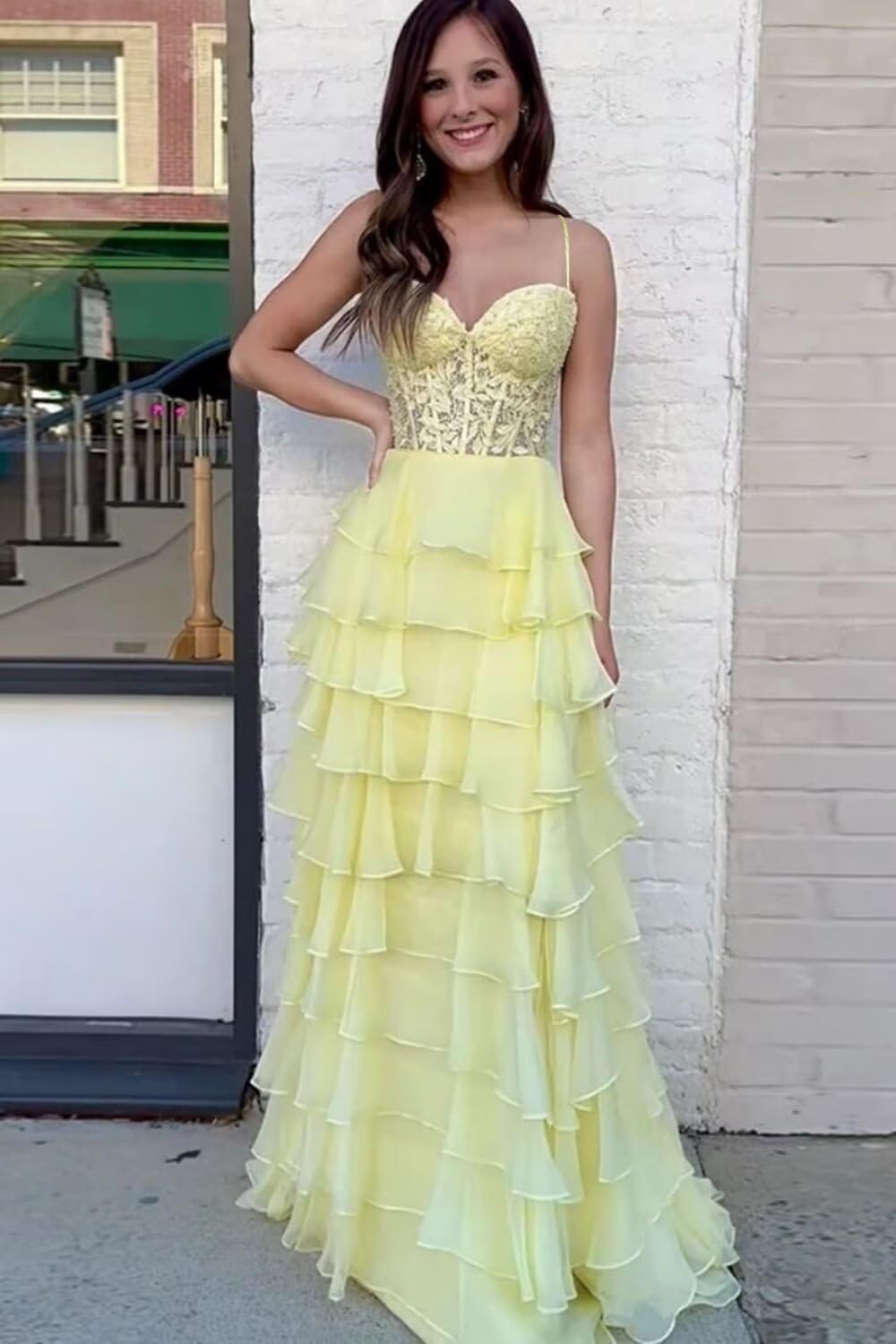 Ruffle Tiered Prom Dress Lace Applique Corset Spaghetti Straps Layered Chiffon Formal Evening Gowns with Slit - Image 5